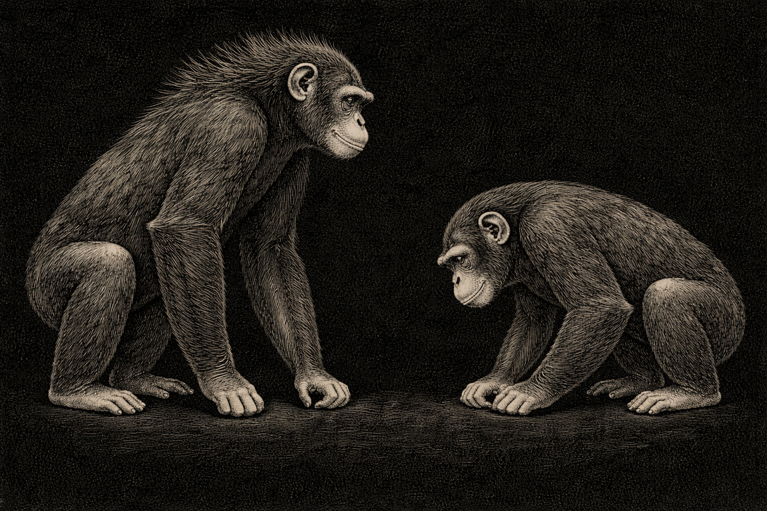 The left chimpanzee rising, hair beginning to stand — the right lowering, shoulders dropping